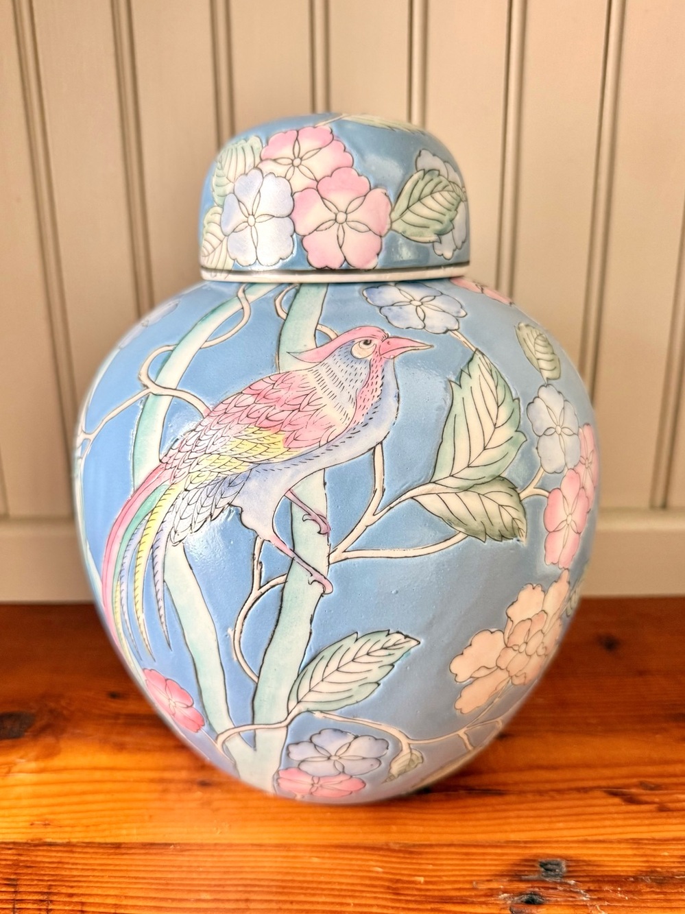 Pastel Blue Floral Bird Ginger Jar Vintage Chinese Asian Pottery
